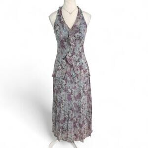 Sangria purple floral maxi dress halter neck and tie back 100%Silk Size 6 Medium